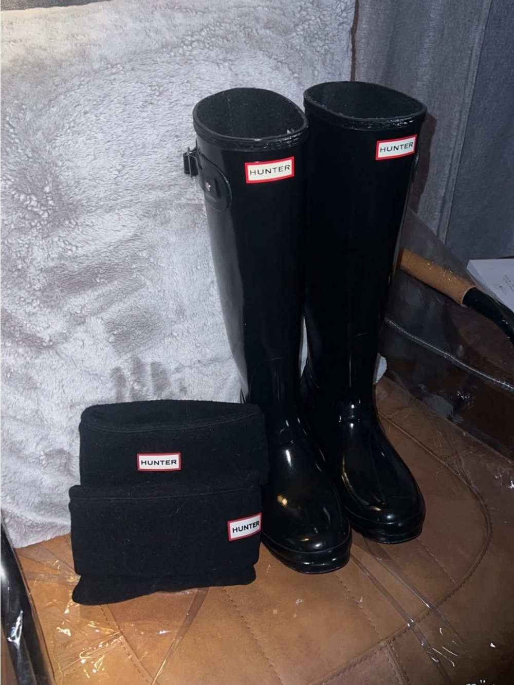 Hunter Black Gloss Tall Rain Boots with Black Fold-Over Socks